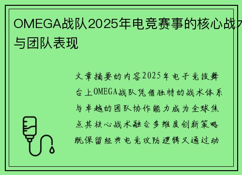 OMEGA战队2025年电竞赛事的核心战术与团队表现