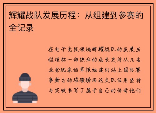 辉耀战队发展历程：从组建到参赛的全记录